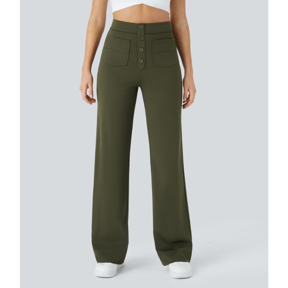 Halara Forest Green Button Front Pull-On High Waist Straight Leg Pants XS
